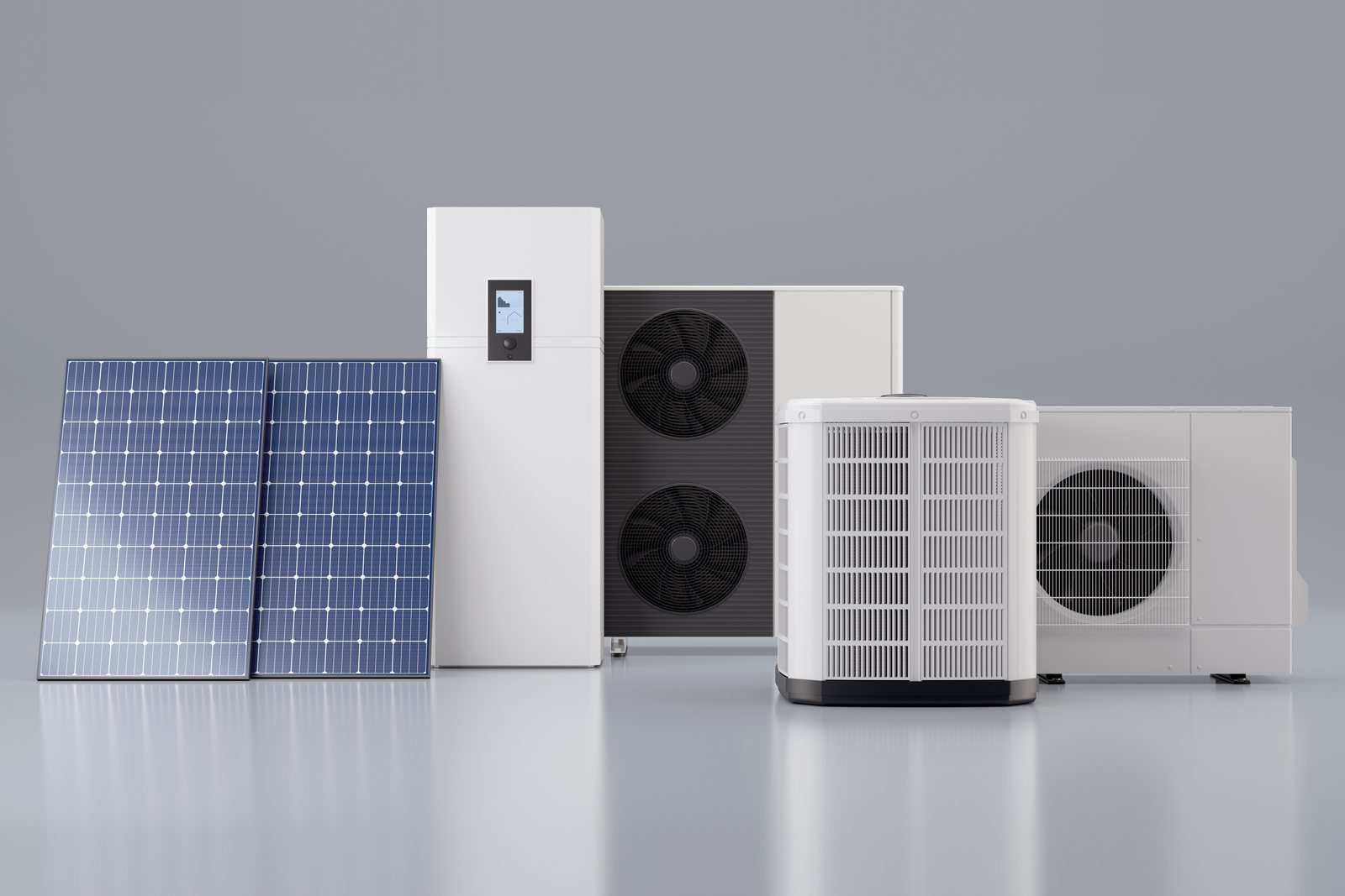 Photovoltaikmodule, Speicher und mehrere Wärmepumpen-Außeneinheiten nebeneinander